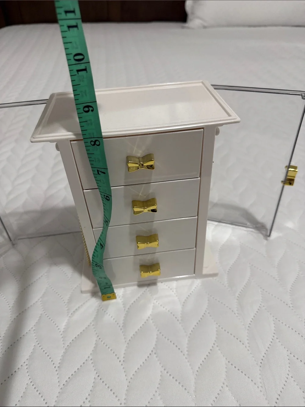 White and Gold Jewelry Organizer with Bow Drawer Pulls